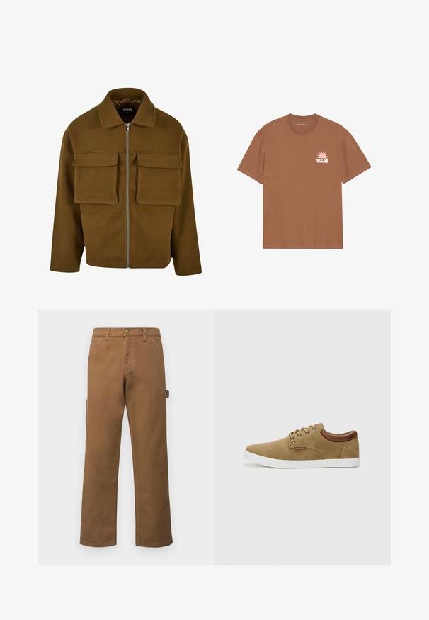 Brown zip-up jacket made of textured material, featuring a collar, two chest pockets, and a straight hem.; Brown short-sleeve t-shirt made of cotton, featuring a pink sun graphic and "SOLAR" text on the left chest. Crew neck design.; Brown cotton cargo pants with straight legs, featuring side pockets and a metal button closure at the waist. Smooth texture and casual design.; Tan suede sneaker with white rubber sole, brown leather accents on the heel, and silver eyelets for laces. Simple, rounded design.