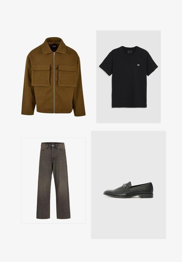 Rudas užtrauktukas striukė, pagaminta iš tekstūruoto audinio, su apykakle, dviem krūtinės kišenėmis ir tiesiu apdailos kraštu.; Juodas medvilninis marškinėliai su trumpomis rankovėmis, apvaliu kaklu, pasmerktas mažas baltas Levi's logotipas ant krūtinės, lygus teksturas, klasikinis modelis.; Plati kojinės džinsai tamsiai pilkos spalvos džinsinio audinio, su aukštu liemeniu, klasikinio penkių kišenių dizainu ir kontrastinga siuvimo linija siūlėse.; Juodos odinės loafer tipo bateliai su lygiu paviršiumi, turintys siuvinėtą dizainą ir dekoratyvų metalo grandinėlės akcentą ant batų viršaus. Plokščias kulnas.