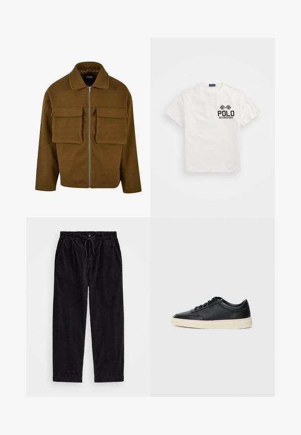 Brun hettejakke laget av strukturert materiale, med krage, to brystlommer og rett nederkant.; Hvit bomull T-skjorte med rund hals, med en svart "Polo Motorsport" logo og kryssete ruteflagg på venstre bryst.; Svart corduroybukser med avslappet passform, med elastisk midjebånd og snor, samt sidelommer. Stoffet har ribbet tekstur.; Svarte lavtopp lær sneakers med svarte snører og off-white såle vist i sidesyn på hvit bakgrunn.