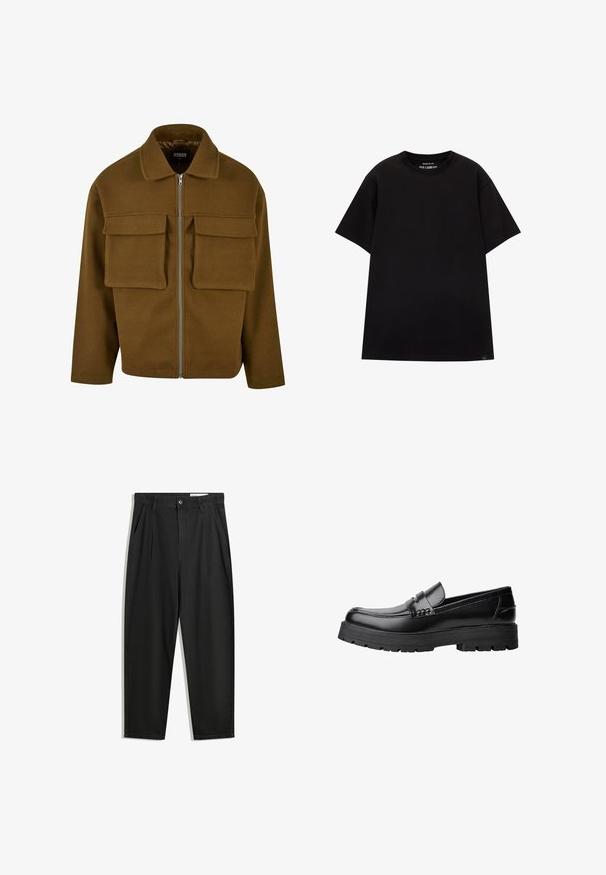 Rjav zip-up jopič iz teksturiranega materiala, z ovratnikom, dvema žepoma na prsih in ravnim robom.; PULL&BEAR JOIN LIFE - Navadna majica - black; Črne bombažne hlače s sproščenim krojem, ki vključujejo klasičen pas, sprednje gube in stranske žepke. Gladka tekstura brez vzorcev.; Črne usnjene loafersice s debelim profiliranim podplatom in dekorativnim pasom čez zgornji del, prikazane v levem stranskem profilu na beli podlagi.