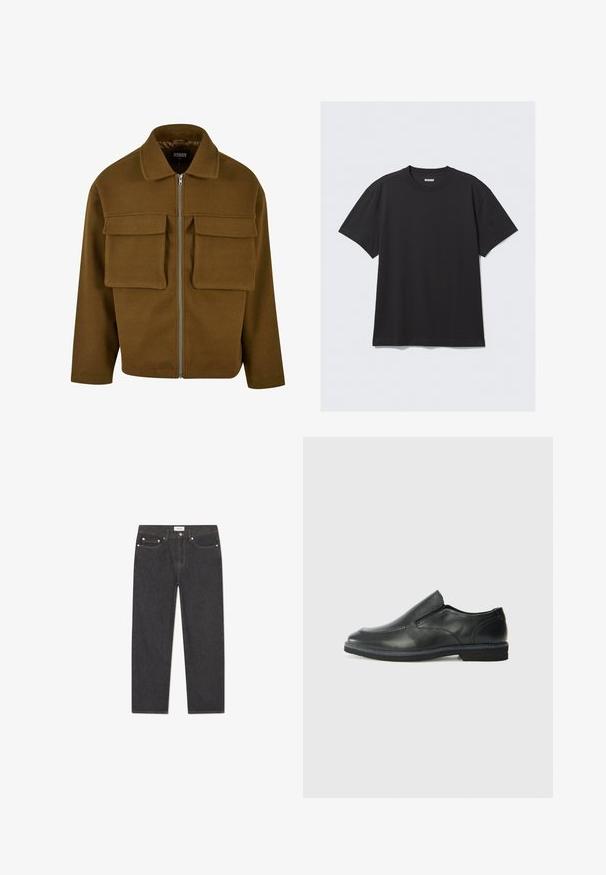 Rudas užtrauktukas striukė, pagaminta iš tekstūruoto audinio, su apykakle, dviem krūtinės kišenėmis ir tiesiu apdailos kraštu.; Juoda trumpa rankovė mis medvilnės marškinėlių. Savybės: apvali iškirptė ir laisvas siluetas. Paprastas dizainas, be raštų ar akcentų.; Tamsiai džinsiniai džinsai su tiesiu kojų pjaustymu, penkių kišenių stiliumi, metaliniais priedais ir subtilia tekstūra; minimalus ženklas ant liemens.; Juodai odiniai įtvirtinimo batai su lygiu paviršiumi, siuvinėjimo akcentais, apvalia nosimi ir žemu guminiu kulnu. Pado raštas minimalus.
