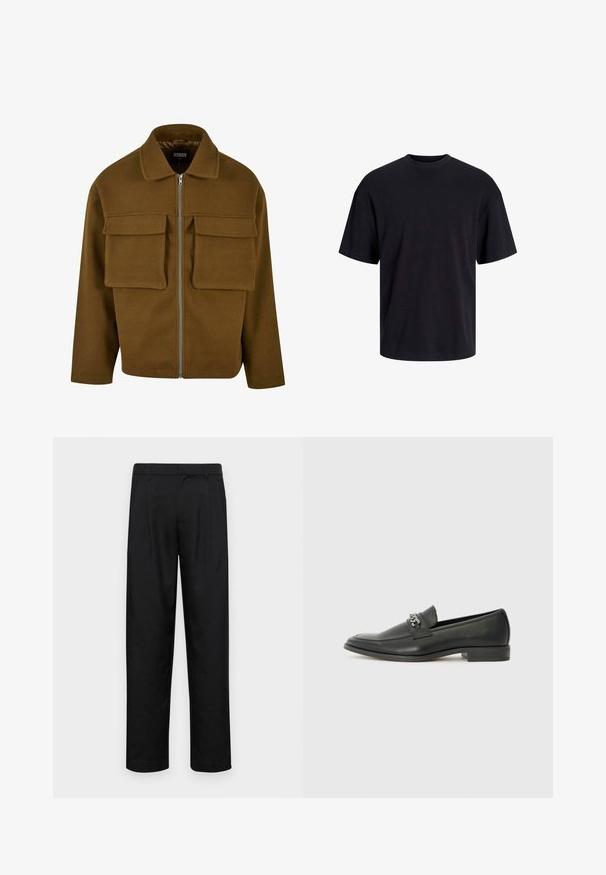 Brown zip-up jacket made of textured material, featuring a collar, two chest pockets, and a straight hem.; Black cotton t-shirt with a crew neckline, short sleeves, and a relaxed fit. Smooth texture and no visible patterns or accents.; Black trousers made of smooth fabric, featuring a straight-leg design, two front pleats, and standard waistband with belt loops.; Black leather loafer with a smooth finish, featuring a stitched design and a decorative metal chain accent across the vamp. Flat heel.