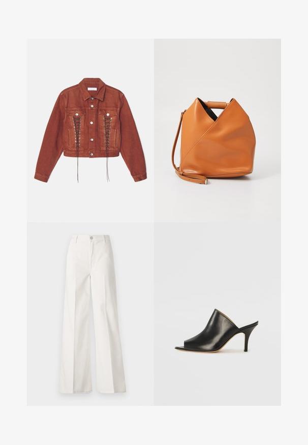 Rustikasto obrezano jeans jakno s sprednjimi žepi, srebrnimi gumbi in čipkastim detajlom ob straneh za dodatno teksturo in oblikovanje.; Bela srajca z dolgimi rokavi, prilegajočim pasom in sijočim pasom. Izdelana iz gladkega, lahkega materiala.; Bele široke hlače iz bombaža z gladko teksturo. Imajo gumb spredaj, zadrgo in zasnovo z štirimi žepi.; Črne usnjene mule z odprtim prstom, z elegantno, ukrivljeno zasnovo, visokim stiletto peto in gladko teksturo. Notranjost je v kontrastni svetli barvi.; Torbica iz rjave usnje z edinstveno triangularno pregibno zasnovo, zgornja ročica in odstranljiv pašnji trak na belem ozadju.