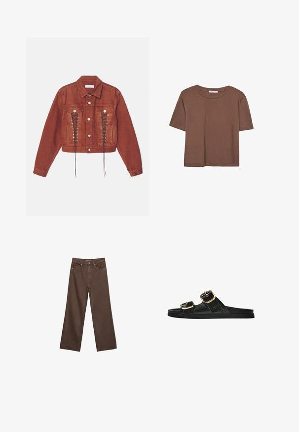 Jakna od denima u boji hrđe, skraćena, s prednjim džepovima, srebrnim gumbima i vezanjem duž strana za dodatnu teksturu i dizajn.; Smeđi kratki rukav majica od mekog materijala, s okruglim izrezom i opuštenim krojem. Nema vidljivih uzoraka ili naglasaka.; Proširene smeđe traperice od denima, s visokim strukom, prednjim džepovima i klasičnom kopčom na dugme. Glatka tekstura s suptilnim šavovima.; Crne sandale na klizanje s dva zlatna akcenta u obliku kopči, glatkog teksturiranog materijala, ravnim potplatom i minimalističkim dizajnom.
