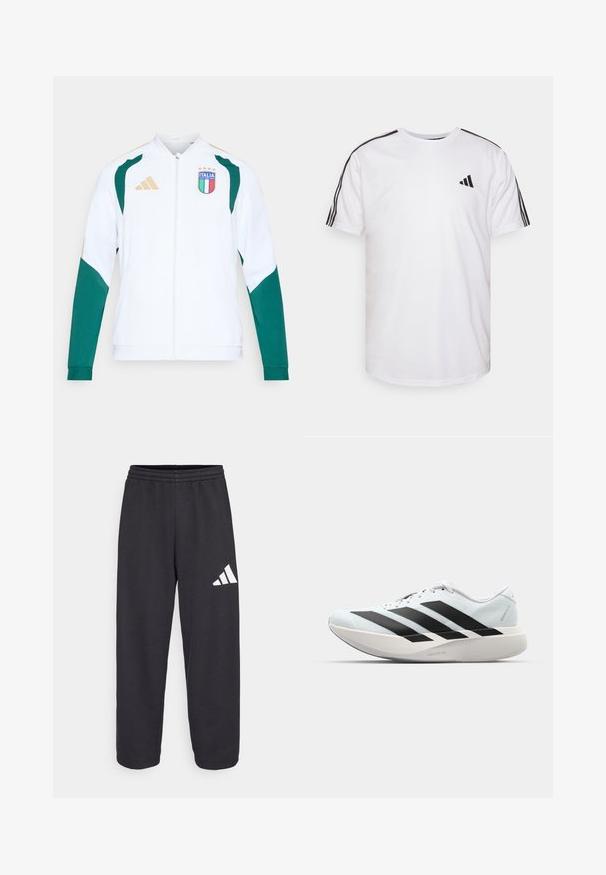 Bílá sportovní bunda se zelenými akcenty a zlatými detaily. Má zip, dlouhé rukávy a na hrudi emblém "ITALIA".; Bílý bavlněný tričko s kulatým výstřihem, krátkými rukávy a černými třemi pruhy na ramenou; má malé černé logo.; Černé tepláky s uvolněným střihem, s elastickým pasem a bílým geometrickým logem na levé nohavici. Hladká textura látky.; Lehké běžecké boty v světle modré barvě s černými pruhy. Mají hladký svršek, kulatou špičku a silnou bílou mezipodešev označenou "LIGHTSTRIKE PRO."
