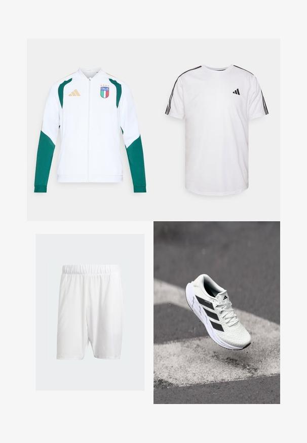 Hvid sportjakke med grønne accenter og gyldne detaljer. Har lynlåslukning, lange ærmer og "ITALIA"-emblem på brystet.; Hvid t-shirt lavet af bomuld med rund hals, korte ærmer og sorte tre-stribede detaljer på skuldrene; har et lille sort logo.; Hvide sportshorts lavet af letvægtsstof, med elastisk talje, glat tekstur og knælængde.; Hvid atletisk sko med tekstureret netoverdel, sorte striber, snørebåndslukning og en polstret sål, som svæver over en markeret vejoverflade.