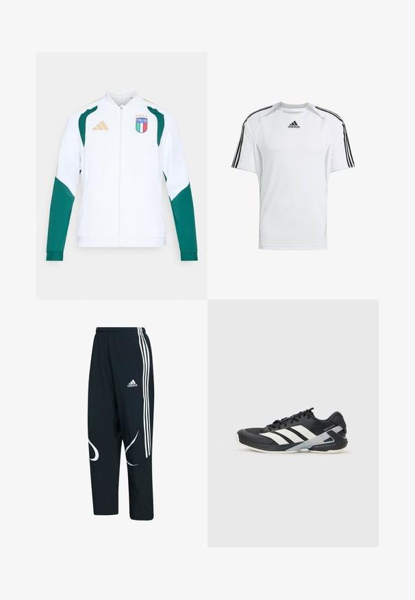 White sports jacket with green accents and gold details. Features zip closure, long sleeves, and "ITALIA" emblem on the chest.; White short-sleeve athletic shirt with black Adidas three-stripe accents on the shoulders, made from smooth, lightweight fabric.; Black track pants with white stripes and logo, featuring a loose fit, elastic waistband, and curved white patterns on the sides.; Black athletic shoe with white stripes, mesh upper, rounded toe, and cushioned sole. Features a textured heel and secure lacing system.