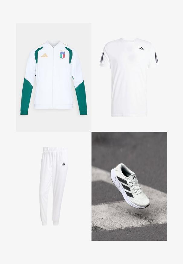 Balta sportinė striukė su žaliais akcentais ir auksinėmis detalėmis. Yra užtrauktuko užsegimas, ilgomis rankovėmis ir "ITALIA" emblemą ant krūtinės.; Balta marškinėliai iš audinio, su trumpomis rankovėmis ir apvaliu kaklu, su trimis juodais įstrižais dryžiais ant kiekvienos rankovės. Subtilus logotipas krūtinės srityje.; Balti sportiniai keliaraiščiai, pagaminti iš lygios medžiagos, su elastinga liemene ir priglundančiais rankogaliais, ant galinio kišenės yra juodas logotipas.; Balti sportiniai batai su tekstūruota tinkleliu viršuje, juodomis juostelėmis, su raištelių uždarymu ir paminkštintu padu, kabo virš pažymėtos kelio dangos.