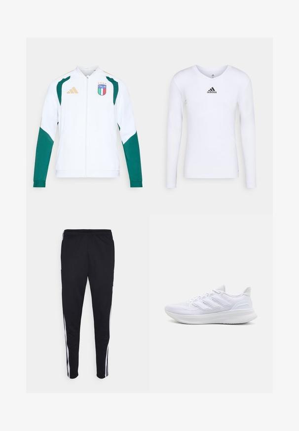 White sports jacket with green accents and gold details. Features zip closure, long sleeves, and "ITALIA" emblem on the chest.; Long-sleeve white athletic shirt made of smooth material featuring a black Adidas logo at the chest; V-neck design and fitted shape.; Black athletic pants with a relaxed fit, featuring white side stripes, a drawstring waist, and two side pockets. Made from soft fabric.; White athletic shoes featuring a textured mesh upper, supportive cushioned sole, and three stripe design on the side.