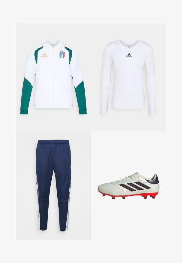 White sports jacket with green accents and gold details. Features zip closure, long sleeves, and "ITALIA" emblem on the chest.; Long-sleeve white athletic shirt made of smooth material featuring a black Adidas logo at the chest; V-neck design and fitted shape.; Navy athletic joggers with a stretchy waistband, tapered legs, and white side stripes. Made from lightweight, smooth fabric.; White soccer cleat with black accents and red sole. Features three black stripes on the side and a smooth textured upper.