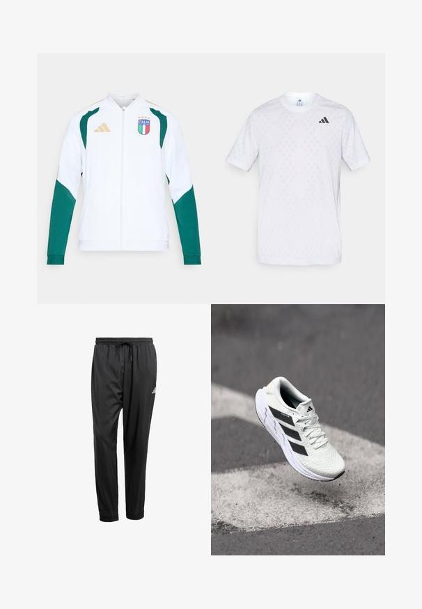 Casaco desportivo branco com detalhes em verde e dourado. Apresenta fecho de correr, mangas compridas e emblema "ITALIA" no peito.; T-shirt branca de mangas curtas com um padrão discreto de diamantes, feita de tecido leve, com o logótipo preto da adidas no peito.; Calças de desporto pretas com cintura elástica, cordão, tornozelos com punho e um pequeno logótipo branco na coxa direita.; Shoe atlético branco com parte superior em malha texturizada, riscas pretas, fecho de atacadores e sola almofadada, a flutuar acima de uma superfície de estrada marcada.