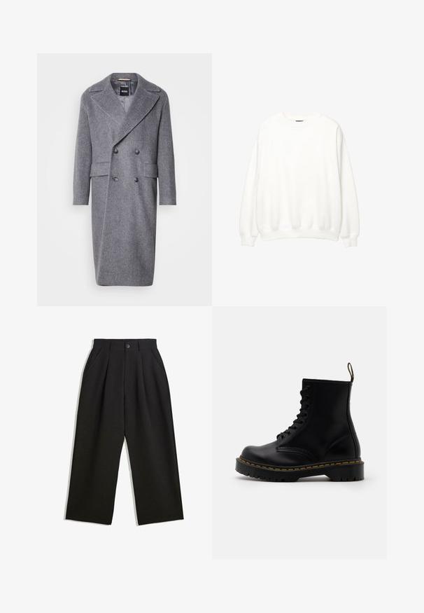 Palton gri în model herringbone, cu rever larg, design dublu încheiat și două buzunare frontale. Fabricat dintr-un material texturat și cald.; Hanorac alb, cu gât rotund, mâneci lungi, croială lejeră. Material moale cu manșete și tiv ribbed. Design minimalist, fără logo-uri sau modele vizibile.; Pantaloni negri cu o croială lejeră, având pliuri în față, buzunare laterale și închidere cu buton. Fabricat dintr-un material texturat.; Bocanci negri din piele, cu șireturi în față, cusături galbene, vârf rotunjit și o talpă groasă din cauciuc texturat.