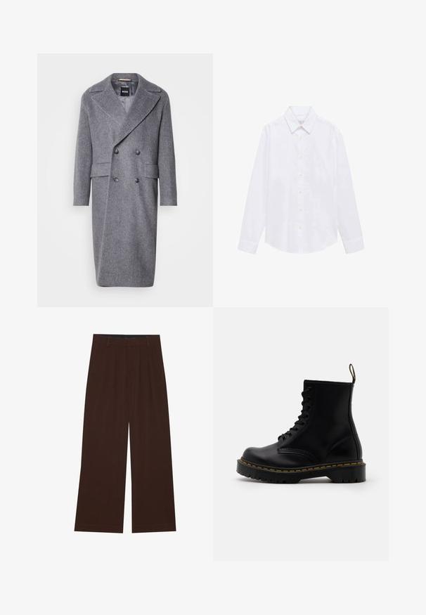 Cappotto grigio a spina di pesce con ampio rever, design doppiopetto e due tasche frontali. Realizzato in un tessuto texturizzato e caldo.; Camicia bianca a maniche lunghe in tessuto di cotone. Presenta un colletto a punta, chiusura con bottoni e polsini singoli. Design minimalista senza motivi.; Pantaloni larghi marroni con pieghe. Realizzati in un tessuto liscio, presentano una vita sagomata e tasche laterali. Orlo piatto in fondo.; Stivaletti alla caviglia in pelle nera con lacci anteriori, cuciture gialle, punta rotonda e suola in gomma spessa e testurizzata.