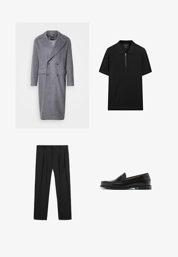 Grå hørfrakke med stort revers, dobbeltradet design og to forlommer. Lavet af struktureret, varmt stof.; Sort kortærmet polo skjorte med ståkrave og frontlynlås. Lavet af et glat stof med et rent, minimalistisk design.; Sorte plisserede bukser lavet af et glat stof, med en traditionel talje og lige ben design. Ingen synlige mønstre eller hardware.; Sorte læder loafers med synligt detaljearbejde, rund tå og en lille blokhæl. Glat overflade med minimalistisk design og slip-on stil.