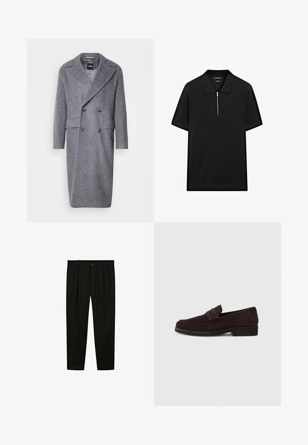 Gray herringbone overcoat with a large lapel, double-breasted design, and two front pockets. Made of textured, warm fabric.; Black short-sleeve polo shirt with a stand collar and a front zipper. Made of a smooth fabric with a clean, minimalist design.; Black tailored trousers made of smooth fabric. Features include flat front, wide legs, and a button closure at the waistband.; Brown suede loafers with a low profile and rounded toe. Features a decorative strap across the upper, flat rubber sole, and no visible stitching.