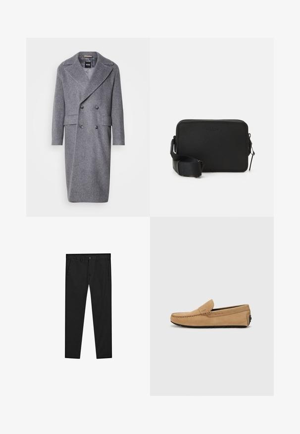 Gray herringbone overcoat with a large lapel, double-breasted design, and two front pockets. Made of textured, warm fabric.; Black short-sleeve polo shirt with a stand collar and a front zipper. Made of a smooth fabric with a clean, minimalist design.; Black chinos with a straight-leg design, made of soft fabric. Features a button closure, belt loops, and side pockets. Smooth texture.; Beige suede moccasin shoe with a stitched toe, slip-on design, and black rubber sole. Features subtle branding on the side.; Black leather crossbody bag with a textured finish, rectangular shape, top zipper closure, and adjustable strap. Features subtle branding.