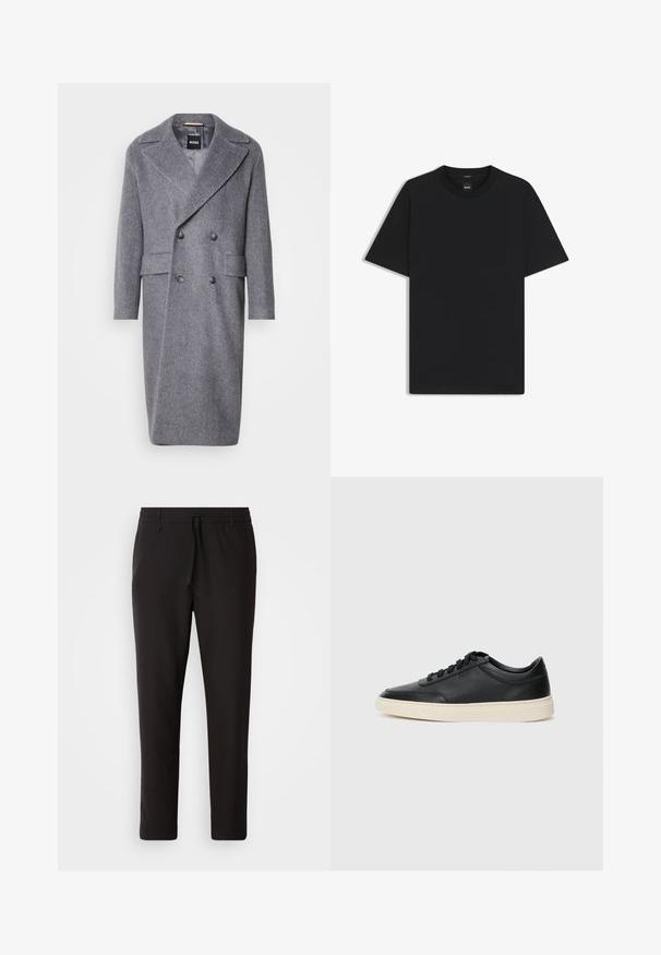 Grau gestreifter Übermantel mit großem Revers, doppelreihigem Design und zwei frontseitigen Taschen. Hergestellt austexturiertem, warmem Stoff.; Schwarz T-Shirt mit kurzen Ärmeln aus einem glatten Baumwollmix, mit Rundhalsausschnitt und einem minimalistischen Design ohne Muster oder Akzente.; Schwarze Jogginghose aus glattem Stoff. Mit einem elastischen Bund und Kordelzug, schmal zulaufenden Beinen und ohne sichtbare Taschen. Einfaches Design.; Schwarzer niedriger Ledersneaker mit schwarzen Schnürsenkeln und cremefarbenem Sohlenrand, seitlich auf weißem Hintergrund dargestellt.