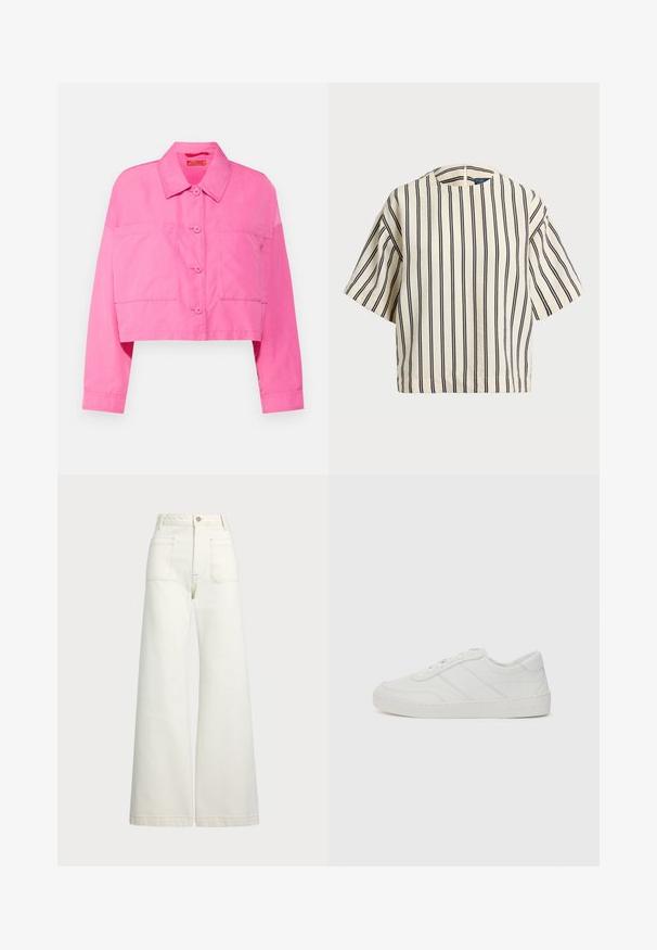 Skraćena ružičasta jakna izrađena od mješavine pamuka, s oštrim kragnom, dva džepa na prsima i zatvaranjem na dugmad s odgovarajućim dugmadima.; Kratki rukavi, prugasti top u krem i tamnoplavoj boji, sa okruglim izrezom i kutijastim dizajnom od teksturirane tkanine.; Široke traperice u boji krem-paleža. Visoki struk s kopčanjem na dugme, dva prednja džepa i kontrastni šavovi.; Bijela kožna tenisica s ravnim vezicama, zaobljenim vrhom i suptilnim detaljima šivanja. Ima teksturiranu potplat i utisnutu marku na peti.