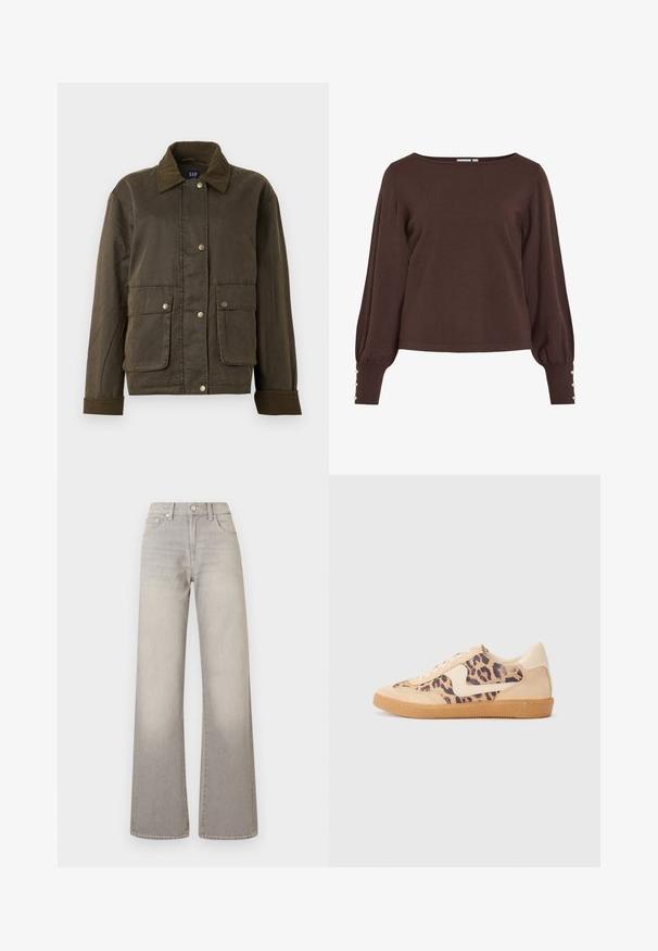 Tamsiai alyvuogių žalia striukė su velveto apykakle ir rankovėmis, priekiniai snap mygtukai ir dvi didelės kišenės su užklotais.; Rudas megztinis su valtimi panašiu kaklo iškirpte, ilgomis pūstomis rankovėmis ir sagutėmis rankogaliuose. Turi laisvo kirpimo siluetą ir lygų paviršių.; Balta be rankovių viršutinė dalis su raukšlėmis, susiraukšlėjusiu paviršiumi ir elastingu juosmeniu. Pagaminta iš minkštos medvilnės medžiagos.; Pilki plačių kojų džinsai su išblukusiu apdailos efektu, mygtukų uždarymu, penkių kišenių dizainu ir siuvinėjimu palei siūles.; Leopardų rašto sportiniai batai su smėlio spalvos zomšiniu viršumi, rusvu guminiu padu ir baltais akcentais. Apvalus nosis ir raištelių užsegimas su tekstūruotu paviršiumi.