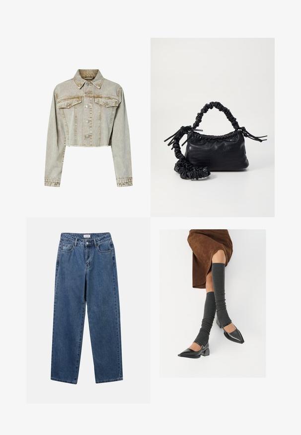 Afskåret denimjakke i lys beige med Krave, frontlukning med knapper, to brystlommer og tekstureret stof.; Blød strikket sweater med vandrette fnugstriber i nuancer af pink, lilla og lys grå, med rund halsudskæring og lange ærmer.; Klassiske blå denimbukser med lige ben, fem lommer og knaplukning. Har en medium vask og en robust tekstur.; Sorte patenterede lædersko med spids tå, blokhæl og ankelrem, kombineret med grå ribbede benvarmere og en brun ruskinds nederdel.; Sort kunstlæder håndtaske med krokodilteksur, indsnøret top og en sammenkrøben rem. Ser blød og kompakt ud i designet.