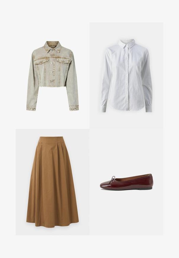 Afskåret denimjakke i lys beige med Krave, frontlukning med knapper, to brystlommer og tekstureret stof.; Hvid skjorte med knapper lavet af glat bomuld, der har en klassisk krave, lange ærmer og en buet kant. Knapperne er små og hvide.; Brun bomulds A-linjeet nederdel med høj talje, præget af læg foran og en glat tekstur. Endeafslutningerne er enkle og rene.; Bordeaux patentlæder balletflad med rund tå, lille sløjfeaccent foran og en lav, sort gummisål. Glat tekstur.