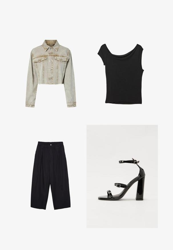 Zkrácená džísková bunda ve světle béžové barvě, s límečkem, předním zapínáním na knoflíky, dvěma náprsními kapsami a texturovanou látkou.; Černý krátký rukáv top vyrobený z hladké látky; má drapovaný výstřih a asymetrický lem, s přiléhavým střihem.; Černé polyesterové culotte kalhoty s elastickým pasem, dvěma předními sklady a volným siluetou. Žádné viditelné vzory ani kovové detaily.; Černé lakované sandály na podpatku se čtveratou špičkou, lýtkovými pásky a stříbrnými přezkami. Disponují masivním blokovým podpatkem pro stabilitu.
