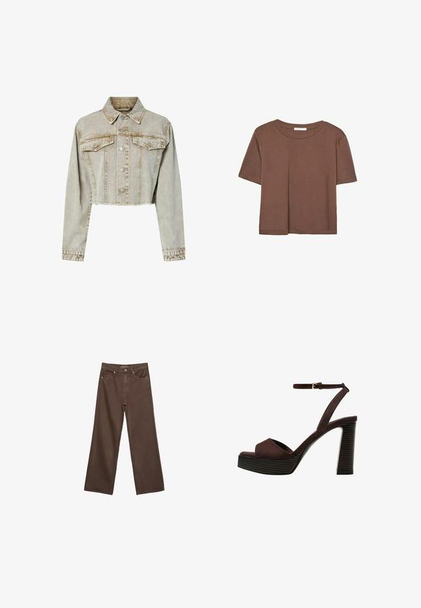 Giacca in denim cropped di un beige chiaro, con colletto, chiusura frontale a bottoni, due tasche sul petto e tessuto testurizzato.; Maglietta a maniche corte marrone realizzata in tessuto morbido, con scollatura rotonda e vestibilità rilassata. Nessun motivo o dettaglio visibile.; Jeans a gamba larga marroni in denim, con vita alta, tasche anteriori e chiusura a bottone classica. Tessuto liscio con cuciture sottili.; Sandal in camoscio marrone con tacco alto, punta aperta, cinturino alla caviglia regolabile e suola a piattaforma striata.