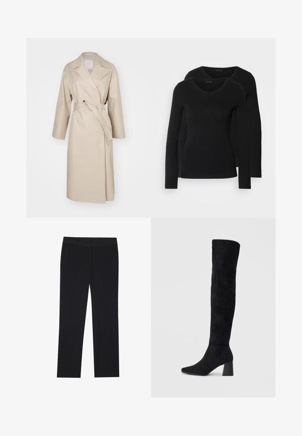 Bež trench plašč iz lahkega materiala, s krožnim ovratnikom, pasom in rokavi do tri četrtine. Preprost dizajn brez vzorcev.; Dve črne majice z dolgimi rokavi in V-izrezom, narejene iz mehkega in raztegljivega materiala, ki prikazuje gladko teksturo in prilegnjeno obliko.; Črne hlače s ravnim krojem, opremljene z stranskimi žepi in gladkim tekstilnim materialom. Minimalistično oblikovanje, čist pas.; Črne semiš škornje do kolen z blok peto, s koničastim nosom in gladkim, brezšivnim dizajnom na enostavni svetli podlagi.