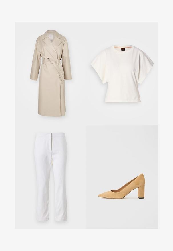Beige színű esőkabát, könnyű anyagból készült, hajtókás gallérral, övvel a deréknál és háromnegyedes ujjal. Egyszerű design, minták nélkül.; Fehér, rövid, bő ujjú, crop szabású póló, puha pamut anyagból, kerek nyakkivágással, finom narancssárga díszítéssel, minimalista dizájn, minta vagy grafika nélkül.; Fehér pamut nadrág egyenes lábformával, közepes derékkal, látható fémrészek vagy minták nélkül. Sima textúra az egész anyagon.; Beige velúr magassarkú cipő, hegyes orral és tömzsi sarokkal. Az anyag puha tapintású, sima felületű.