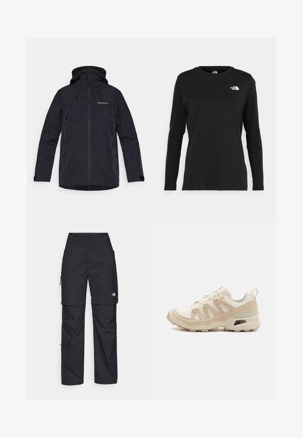 Svart vattentät jacka med huva, med dragkedja framtill, justerbara dragsko och texturerat tyg. Logotyp på bröstet.; Svart långärmad t-shirt i bomull med rund hals. Har en liten vit logotyp på vänster bröstområde. Enkelt design och passform.; Svarta nylonbyxor med avtagbara ben, justerbara muddar, flera fickor och en logotyp på högra benet. Slät, lätt textur.; Beige och krämfärgad atletisk sko med texturerad meshovandel, stöttande överdrag och gummisulor med ett mönster för grepp.