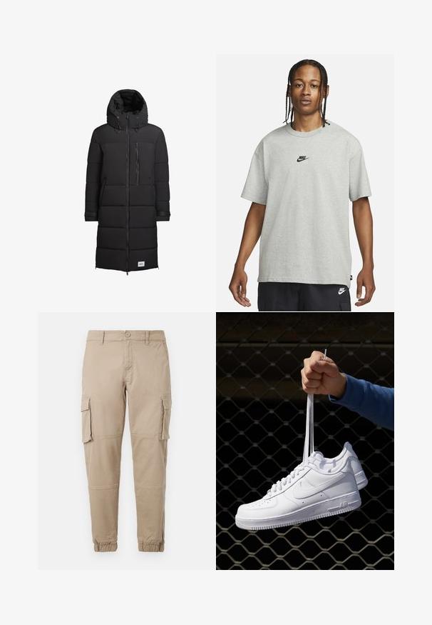 khujo SIRAM - Ziemas mētelis - schwarz; Jaunietis ar pītām matēm, kas valkā gaiši pelēku Nike T-kreklu un melnas Nike šortus uz vienkārša balta fona.; Bežīgas cargo bikses izgatavotas no viegla kokvilnas materiāla. Tām ir elastīgas aproces, vairākas sānu kabatas un pogu aizdare.; Baltas ādas sporta apavi ar perforācijām, apaļu purngali, plakanu zoli un biezām šņorēm, ar redzamu swoosh logo un vārdu "AIR" uz papēža.