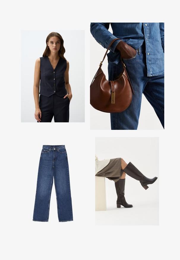 Gilet a righe blu navy con scollo a V, chiusura frontale a cinque bottoni e design attillato. Tasche a pattina su entrambi i lati. Tessuto liscio.; Due top senza maniche a coste, uno marrone e uno nero, esposti su uno sfondo bianco semplice.; Jeans in denim blu a gamba larga con vita alta, dotati di chiusura a bottone, cinque tasche e leggere sfumature sul tessuto.; Stivali marroni in pelle alti fino al ginocchio, con punta quadrata, tacco spesso e zip laterale. Texture liscia con finitura lucida.; Borsa hobo in pelle marrone con una forma arrotondata, dotata di dettagli in hardware dorato e cuciture a contrasto. Abbinata a una camicia di jeans e a un paio di jeans.