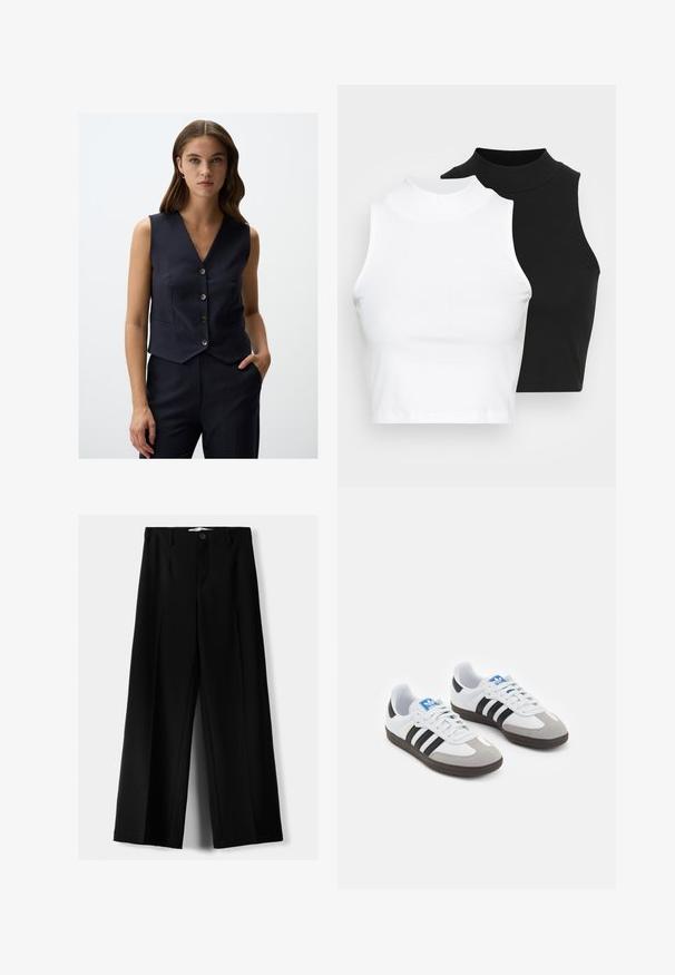 Granatowa kamizelka w paski z dekoltem w kształcie litery V, z pięcioma guzikami z przodu i dopasowanym krojem. Kieszenie z klapkami po obu stronach. Gładka tekstura.; Dwa bezrękawnikowe golfy w kolorze czarnym i białym, charakteryzujące się dopasowanym fasonem i gładką teksturą, o skróconej długości.; Czarne spodnie szerokie, wykonane z lekkiego materiału, z zapięciem na guzik z przodu i gładkim przodem, z starannie wykończonymi brzegami.; Buty sportowe z białą skórzaną cholewką, szarym zamszowym noskiem i trzema czarnymi paskami. Posiadają niebieskie logo na języku oraz teksturowaną gumową podeszwę.