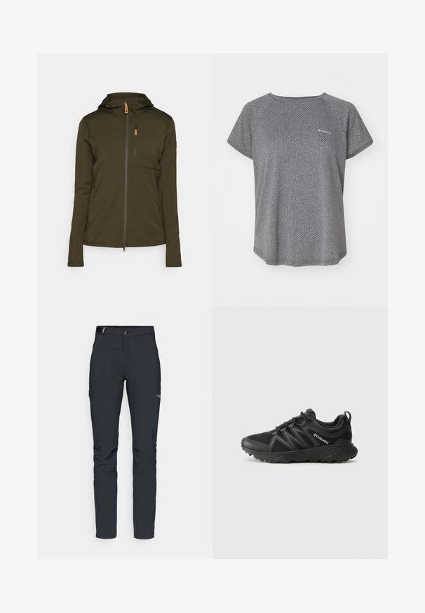 Chaqueta verde oliva con cremallera y capucha, que cuenta con un bolsillo en el pecho de forma vertical y una tela suave y texturizada. Presenta detalles en la cremallera y costuras.; Camiseta gris de manga corta con un sutil patrón texturizado, cuello redondo y logo de Columbia en el pecho. Tejido suave, corte relajado.; Pantalones de exterior para hombre, gris oscuro, fabricados con material flexible, con cinturón, bolsillos con cremallera y costuras reforzadas.; Columbia PEAKFREAK - Zapatillas de senderismo - black