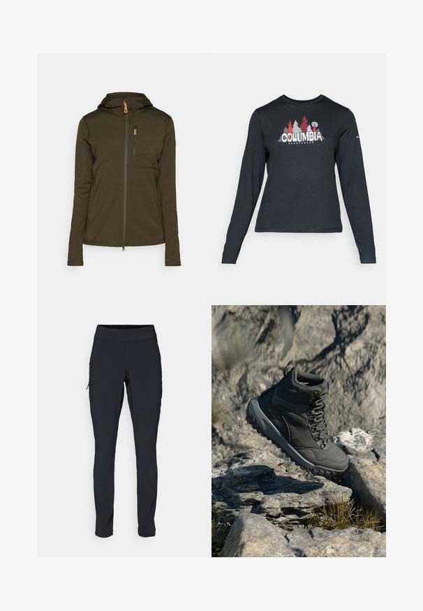 Olijfgroene zip-up jas met capuchon, featuring een verticale borstzak en een gladde, gestructureerde stof. Rits en stikselaccenten aanwezig.; Langsluitend donkergrijs shirt met lange mouwen, versierd met een grafisch ontwerp van rode bomen en bergen; het "COLUMBIA"-logo in vet witte tekst. Zacht materiaal, standaard ronde hals.; Zwarte sportbroek met een slim fit, elastische tailleband en een zijzak met rits. Glad, rekbaar materiaal met minimale naden.; Donkergrijze wandelschoen van synthetisch materiaal, met een gewatteerde schacht, metalen veterogen en een getextureerde rubberen zool voor grip.