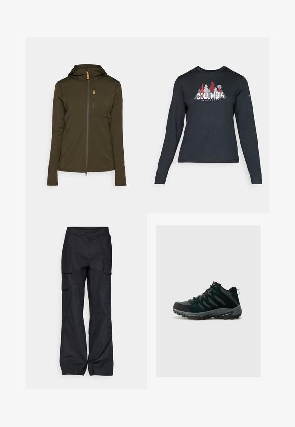 Olive green zip-up jacket with a hood, featuring a vertical chest pocket and smooth, textured fabric. Zipper and stitching accents present.; Long-sleeve dark gray shirt with a graphic of red trees and mountains; "COLUMBIA" logo in bold white text. Soft fabric, standard crew neck.; Columbia BREA FALLS™ COTTON RIPSTOP PANT - Outdoor trousers - black; Columbia REDMOND - Hiking shoes - black/citron haze