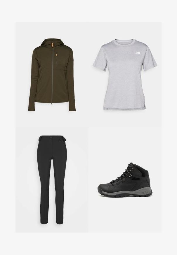 Olijfgroene zip-up jas met capuchon, featuring een verticale borstzak en een gladde, gestructureerde stof. Rits en stikselaccenten aanwezig.; Grijze T-shirt met korte mouwen, gemaakt van zachte, vochtabsorberende stof. Heeft een ronde hals en een klein wit logo op de bovenste linkerzijde.; Zwarte, strakke broek gemaakt van een flexibel materiaal. Kenmerken zijn onder andere een ritszak aan de zijkant, gebogen knieën en een gladde textuur.; Zwarte wandelschoen met een mid-top ontwerp, voorzien van een gestructureerde bovenkant, grijze accenten en een duurzame rubberen zool met gripnoppen.