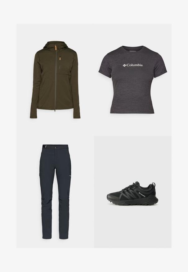 Oliivinvihreä vetoketjullinen takki, jossa on huppu, pystysuora rintatasku ja sileä, teksturoitu kangas. Vetoketju ja ompeluhyvin tehty koristelu.; T-paita, jossa on lyhyet hihat ja tummanharmaa väri, valmistettu tekstuurista kankaasta. Pyöreä kaula-aukko, jossa on valkoinen Columbia-logo rinnassa.; Miestne vonkajšie nohavice, tmavo šedé, vyrobené z flexibilného materiálu, s opaskom, zipsovými vreckami a zosilneným šitím.; Columbia PEAKFREAK - Vaelluskengät - black