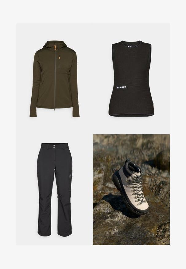 Veste zippée vert olive avec capuche, dotée d'une poche poitrine verticale et d'un tissu lisse et texturé. Accents de fermeture éclair et de couture présents.; T-shirt sans manches noir avec un motif texturé, doté d'un col rond et d'un logo "MAMMUT" à l'avant. Fabriqué en matériau respirant.; Pantalons en extérieur noirs à coupe droite, dotés d'une fermeture par bouton, de poches latérales zippées et d'un patch logo sur la cuisse gauche.; Bottillon de randonnée beige clair avec une semelle en caoutchouc noir, dessus flexible, œillets en métal et lacets gris, posé sur une surface rocheuse.