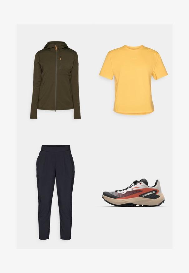 Olivgrön zip-up jacka med luva, med en vertikal bröstficka och mjukt, strukturerat tyg. Dragkedja och sömstygsdetaljer finns.; Gul kortärmad T-shirt med rund halsringning, tillverkad av mjukt tyg. Har en diskret logo på bröstet och en rak nederkant.; Svarta tapered byxor med bred, elastisk midjeband, framveck och sidofickor. Tillverkade av ett glansigt, lätt tyg.; Trailrunning-sko i svart, vitt och rött. Har en texturerad övre del, ett säkert snörningssystem och en kraftig sula för bra grepp.