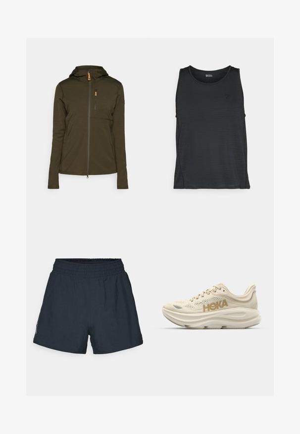 Tamsiai žalia zip-up striukė su kapišonu, su vertikaliu krūtine kišenėje ir lygia, tekstūrine medžiaga. Yra užtrauktukas ir siuvimo akcentai.; Juodas be rankovių marškinėlis, pagamintas iš lygaus audinio su subtilia tekstūra, su apvalia apykakle ir nedideliu logotipu ant krūtinės.; Tamsiai mėlyni sportiniai šortai, pagaminti iš lengvos medžiagos. Elastinga juosmens juosta, laisvas pjaustymas ir nematomi kišenės ar raštai.; Šviesiai smėlio spalvos bėgimo batai su tinklo viršumi, paminkštintu apvadu, išskirtiniu auksiniu "HOKA" logotipu ir storu, paminkštintu padu patogumui.