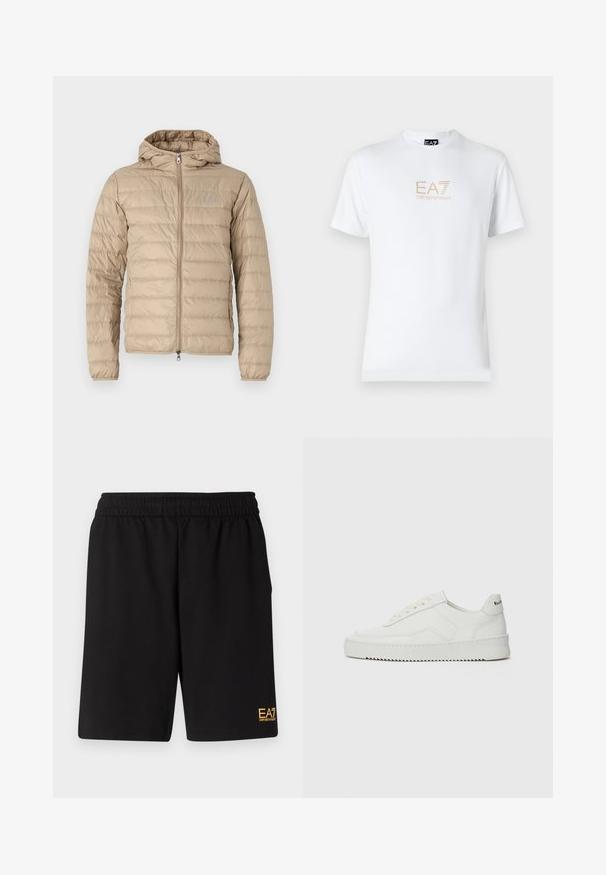 Beige oppustelig jakke med hætte, quiltet design, fuld zip lukning og logoaccent på brystet. Glat, letvægtsstof.; Hvid bomulds t-shirt med rund halsudskæring og korte ærmer, prydet med et gold EA7 Emporio Armani logo trykt på forsiden.; Sorte atletiske shorts lavet af blødt stof, med en elastisk talje og et lille gult EA7-logo nederst på venstre ben.; Hvide lædersneakers med en glat overflade, rund tå, flade snørebånd og en tekstureret sål. Har et diskret logo på hælen.