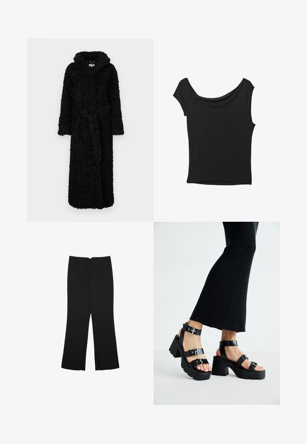 Črna kapuca iz teksturirane, puhaste tkanine. Ima dolge rokave in pas, obdan z belim. Celotna dolžina za toploto.; Črna kratka majica s kratkimi rokavi iz gladkega blaga; ima drapiran izrez in asimetrično spodnjo rob, s prilegnjenim telesom.; Črne hlače ravnega kroja z naglavnimi žepi in stranskimi razporki na robu. Narejene iz mehke, gladke tkanine. Primerne za različne priložnosti.; Črne platforme s sandali in debelimi, zarezami ter več naramnicami, ki vključujejo kovinske zaponke in gladko teksturo, podobno usnju.