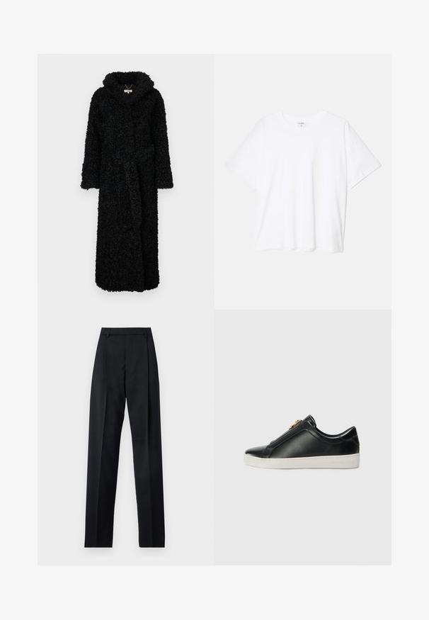 Ropa con capucha negra hecha de un tejido texturizado y esponjoso. Presenta mangas largas y un cinturón en la cintura. Diseño de larga duración para mayor calidez.; Camiseta de algodón blanca con mangas cortas, escote redondo, corte relajado y dobladillo cosido. Etiqueta visible en el interior del cuello.; Pantalones negros de tela suave con cintura alta, piernas amplias, pliegues frontales y lazos de cinturón clásicos. No hay bolsillos laterales visibles.; Zapatos clásicos de piel negra sin cordones con una costura elevada, detalles en hardware plateado en la parte superior y una suela de goma blanca con una marca embosada.