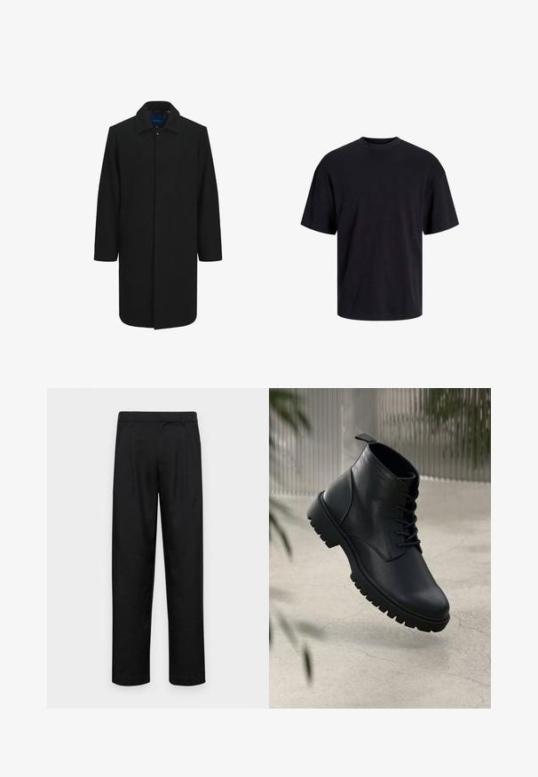 Melna vilnas mētelis ar taisnu griezumu, ar pogu aizdari, lielu apkakli un divām sānu kabatām. Gluda tekstūra un minimālistisks dizains.; Melns kokvilnas T-krekls ar apaļu kakla izgriezumu, īsām piedurknēm un brīvu piegriezumu. Gluda tekstūra un nav redzamu rakstu vai akcentu.; Melnas bikses, izgatavotas no gludas auduma, ar taisnu kāju dizainu, divām priekšējām krokām un standarta jostu, kurai ir āķi.; Melnas ādas potītēm līdzīgas kurpes ar noapaļotu purngalu, saistīšanas sistēmu un izturīgu gumijas zoli. Gluda virsma ar cilpu aizmugurē.