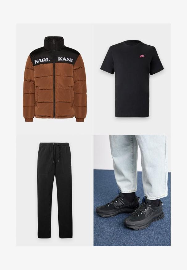 Rudas pūkinis džemperis su juoda viršutine dalimi. Savybės: aukštas apykaklė, priekinis užtrauktukas, baltas logotipo tekstas ir siuvinėta pagalvėlė.; Juodas medvilninis marškinėliai su apvalia apykakle ir trumpomis rankovėmis. Viršutiniame kairiajame kampe yra rožinė Nike logo. Lygus paviršius.; Juodos vilnonės kelnės su elastiniu juosmeniu ir raišteliais, dviem priekinėmis kišenėmis ir maža slogo ant šlaunies.; Juodi sportiniai bateliai su tekstūruota medžiaga ir guminiais padais, su elastingomis raišteliais ir mėlynu akcentu ant kulno. Dėvimi su šviesiai mėlynomis džinsinėmis kelnėmis.