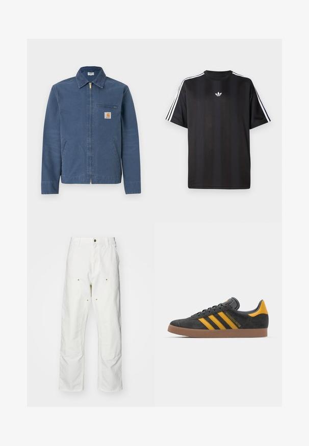 Blå lerretsjakke med glidelås, krage, frontlommer og en brystlomme med merke-logo-lapp. Gull glidelåsdetalj.; Svart t-skjorte med kort erm og hvite tre-stripes detaljer på skuldrene og en liten hvit logo på brystet. Mjuk stofftekstur.; Hvite bomullscargo bukser med avslappet passform. Funksjoner inkluderer frontlommer, gullfargede detaljer og forsterkede knepartier.; Sort skinnesko i svart semsket skinn med gule detaljer, med tre striper og en brun gummisåle. Inkluderer en polstret tunge for komfort.