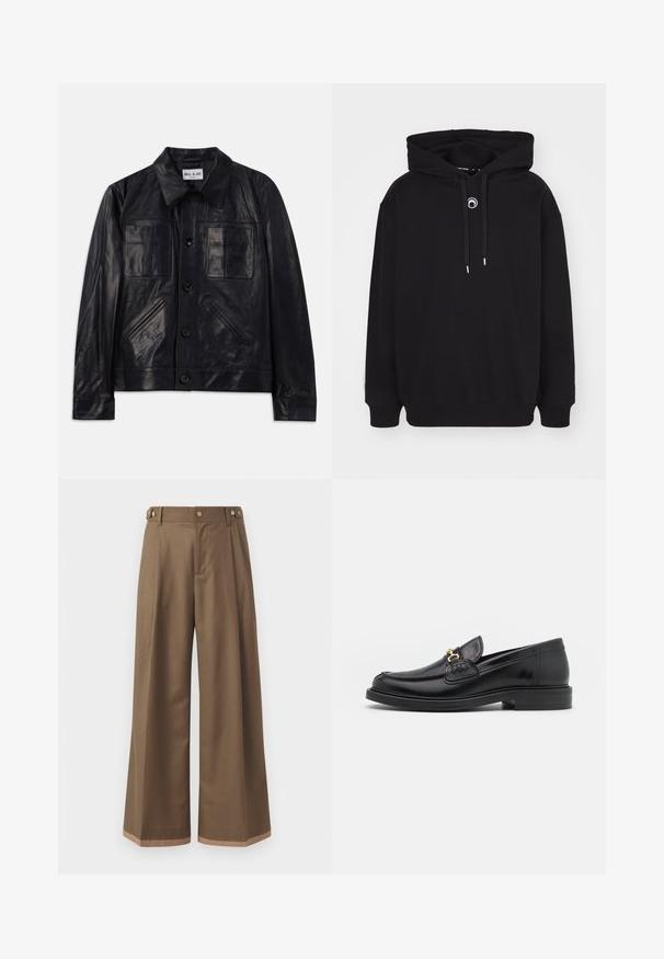 Chaqueta de cuero negra con botones, cuello puntiagudo, dos bolsillos en el pecho y dos bolsillos laterales diagonales.; Sudadera negra con capucha, que presenta un cordón en la parte delantera, puños y dobladillo acanalados, y un pequeño detalle bordado circular en el pecho.; Pantalones de pierna ancha en un tejido marrón oscuro, con dos bolsillos laterales, dos botones decorativos en la parte delantera y un detalle de dobladillo en contraste.; Mocasines de cuero negro con punta redondeada, que cuentan con un detalle de herrajes dorados y costuras, situados sobre una suela de goma texturizada y baja.