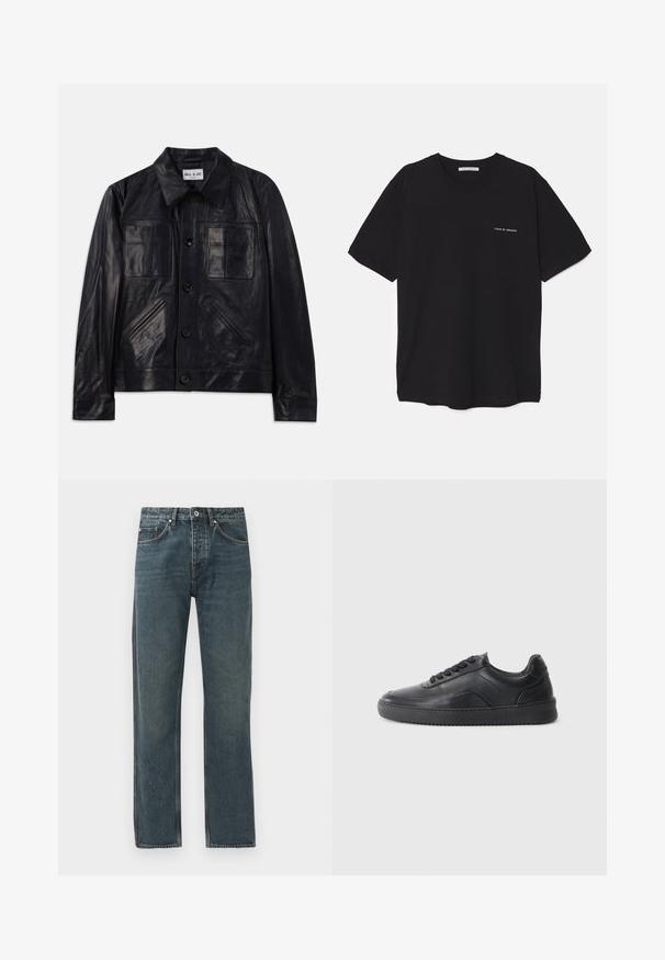 Giacca nera in pelle con bottoni, colletto appuntito, due tasche a toppa sul petto e due tasche diagonali sui lati.; T-shirt in cotone nero con collo rotondo, maniche corte e stampa bianca del logo sul lato sinistro del petto. Design semplice e monocromatico.; Jeans in denim blu scuro con design a gamba dritta, dotati di cinque tasche, chiusura a bottone e dettagli di cucitura a contrasto.; Sneaker in pelle nera con finitura liscia, punta arrotondata, pannello laterale testurizzato e lacci neri. Presenta una suola in gomma piatta e un design minimale.