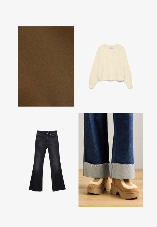 Touché Privé Trenssi - khaki; Ivory neuletakki, jossa on syvä V-pääntie, pitkät hihat ja ribbauslahkeet. Pehmeä rakenne; hieman lyhennetty malli, jossa on ylisuuria yksityiskohtia.; Mustat leveälahkeiset farkut, joissa on hieman haalistunut pinta. Ominaisuuksiin kuuluvat etutaskut, vetoketjusuljenta ja näkyvät ompelu yksityiskohdat.; Ruskeat samettikankaiset platform-kengät, joissa on kermaisen valkoinen turkisvuori, yhdistettynä leveälahkeisiin farkkuhousuihin, joissa on repaleiset helmansa ja vaaleampi farkkuvarsi.